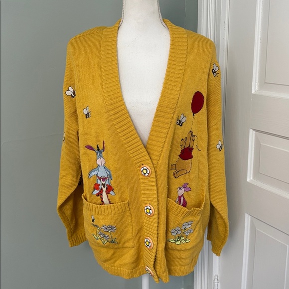 Disney Sweaters - Disney Yellow Women's Embroidered Winnie the Pooh Cardigan Sweater Size XL